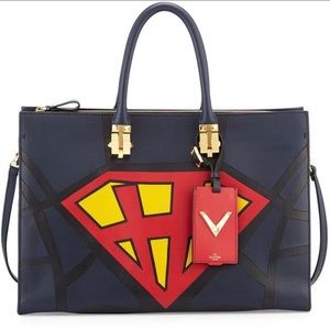 Valentino Superhero Superman navy blue leather zip tote bag